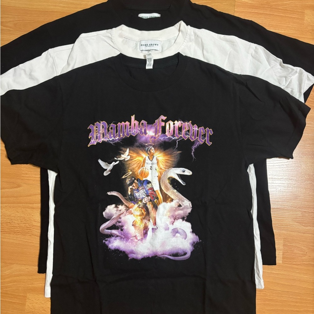 3 shirts. Black Graphic Tee with Mamba Forever Design. 2 Home Grown tees